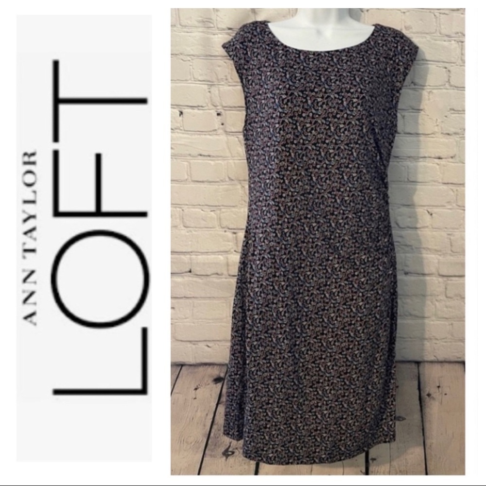 LOFT floral print ruched jersey knit dress size L